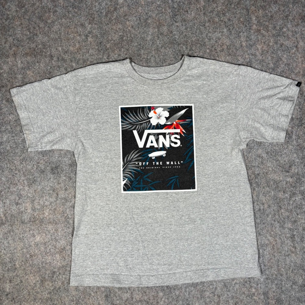Vans T-Shirt Youth L 12-14 Gray Tropical Floral Skateboard Logo Off The Wall Tee